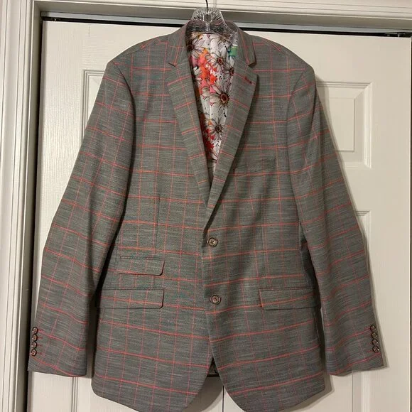 Mens PAISLEY & GRAY Sz 42L Gray & Peach Plaid Slim Fit Suit Jacket Sport Coat - Picture 1 of 13